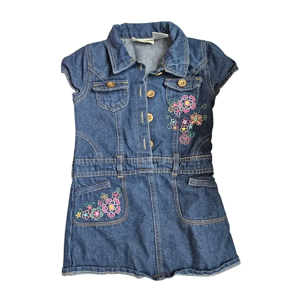 Vintage Y2K Carters Kids 5 Denim Jean Pink Flower Embroidered Dress Jumper